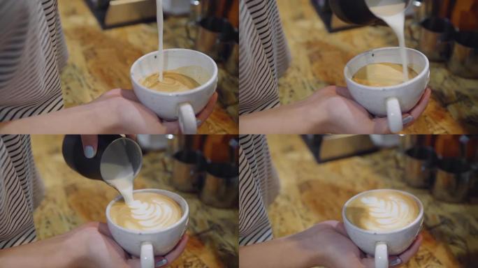 咖啡师制作两杯咖啡牛奶