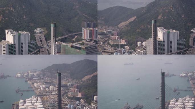 香港空中v203特写鸟眼在昂船洲桥杆塔周围飞行，船厂景观