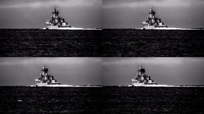 战舰-黑白海上航行军舰特写大海远洋