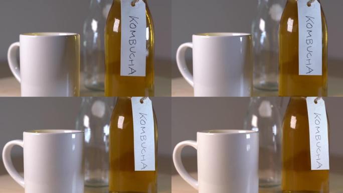 自制康普茶绿茶装在瓶子里。