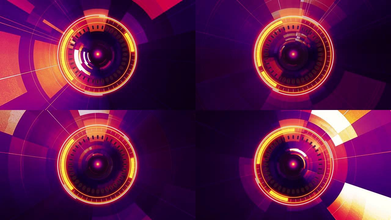 抽象科幻未来平视显示器倒计时。旋转元素，带有漂亮的发光颜色平视显示器，数字复古风格。计算机数据高科技