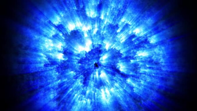 4k抽象的环形空间背景就像一颗燃烧的恒星，光线从其表面发出。高能沸腾物质，魔球或火球。科幻蓝色主题与