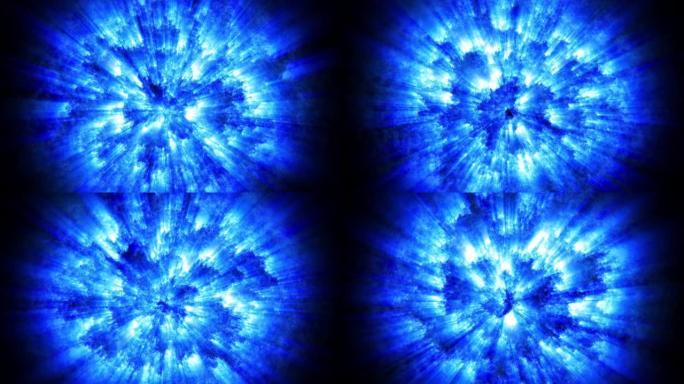 4k抽象的环形空间背景就像一颗燃烧的恒星，光线从其表面发出。高能沸腾物质，魔球或火球。科幻蓝色主题与