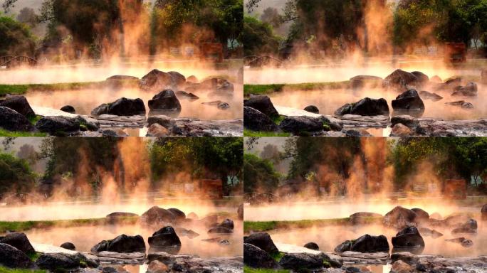 泰国南邦国家公园柴森温泉天然浴。早晨日出。泰国北部被群山环绕的天然温泉浴。