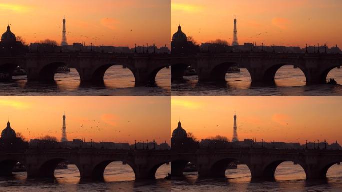 法国巴黎冬日日落的埃菲尔铁塔