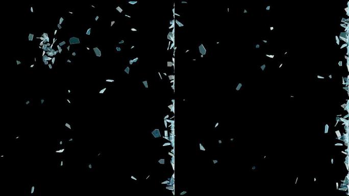 黑色背景上的蓝色碎玻璃破碎动画，3D渲染