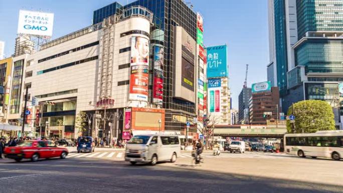 日本东京与乌鸦的涩谷过境时间流逝