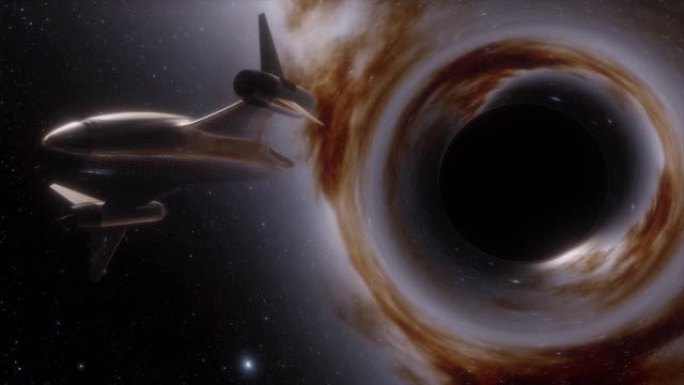 宇宙飞船飞向太空中的黑洞。空间、光和时间在黑洞的事件视界上被强引力扭曲。