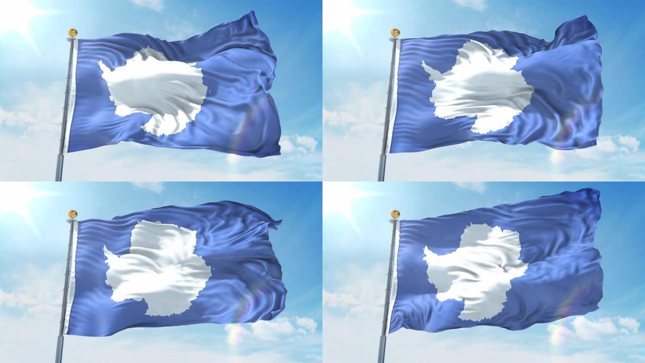 在深蓝色的天空中飘扬的南极旗。国家主题，国际理念。3D渲染无缝循环4K