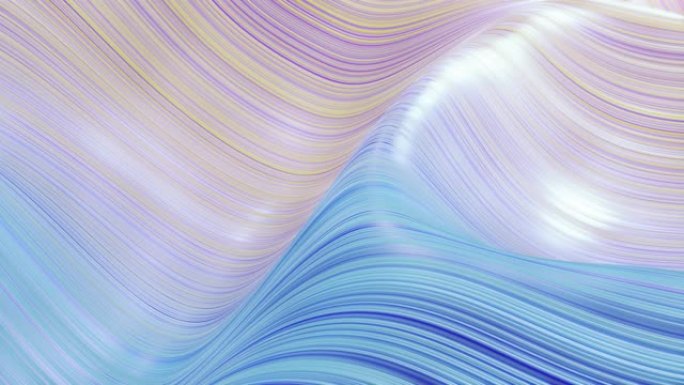 表面波浪的美丽抽象背景，蓝色黄色渐变，挤压线条作为条纹织物表面，在液体上有褶皱或波浪。4k环路。2