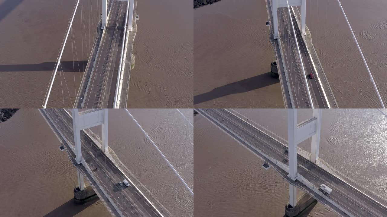 英国鸟瞰图中的汽车和车辆穿越塞文桥