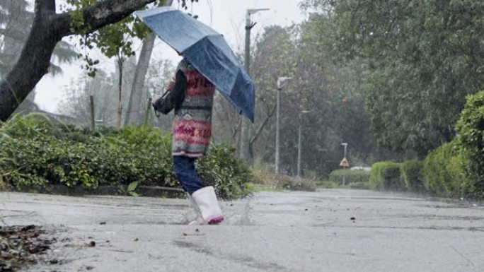 一个小女孩在水坑里跳伞的慢动作在雨中撑着伞