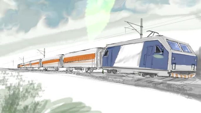 手绘动画，火车在铁路上运行