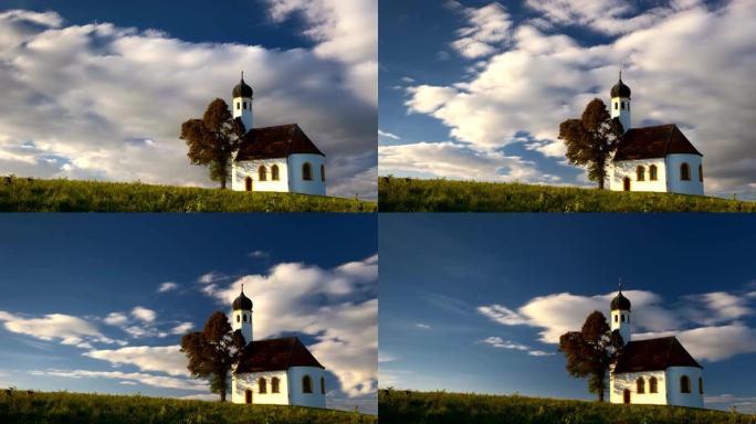 巴伐利亚教堂上蓝天上移动云层的时间流逝