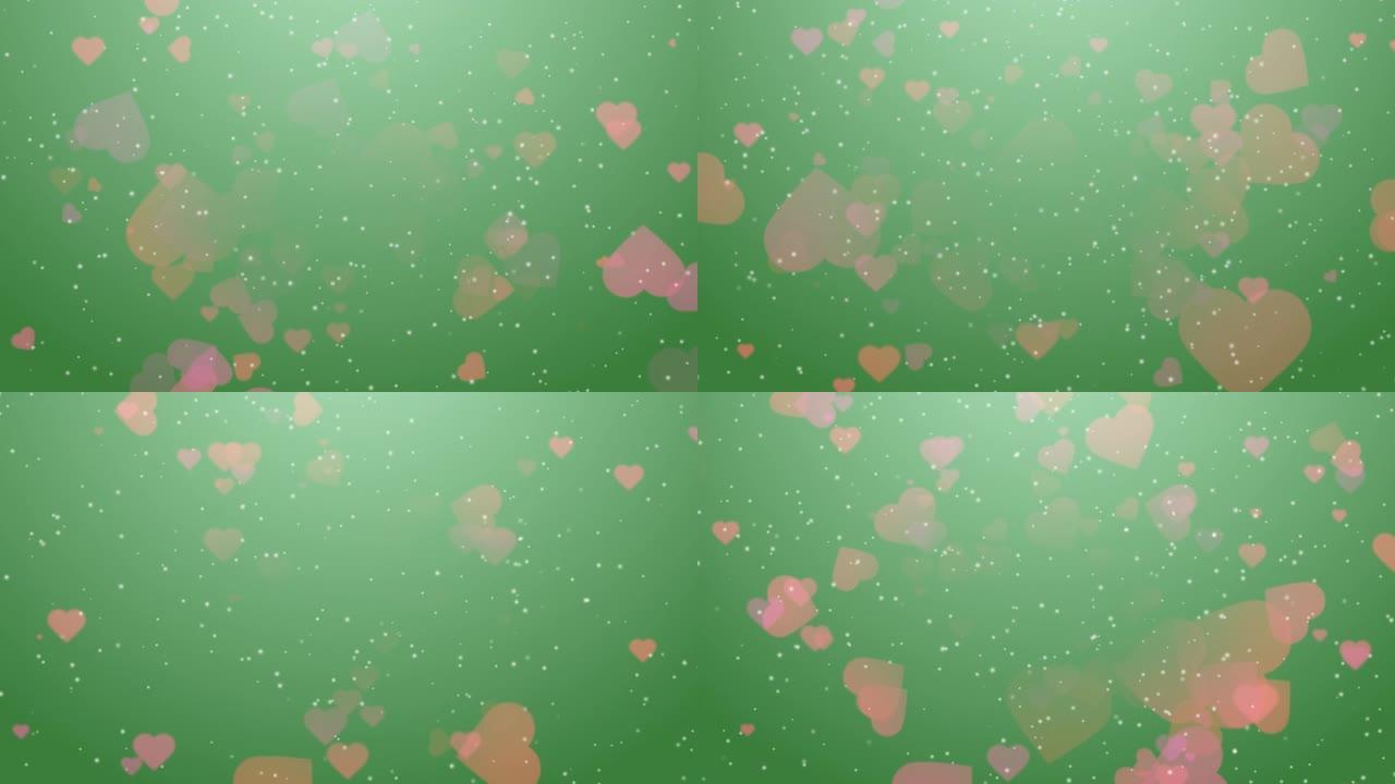 情人节抽象绿色背景与粉红色红色的心