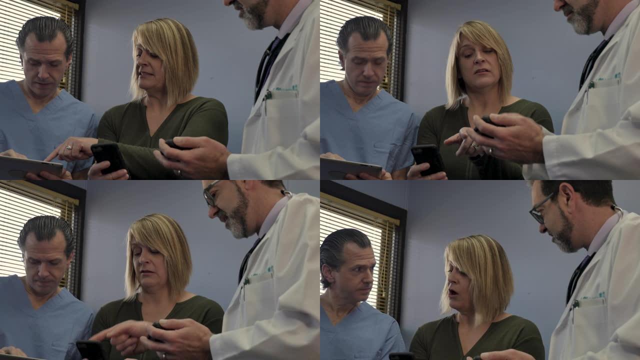 医生、护士和病人在手机和平板电脑上比较信息