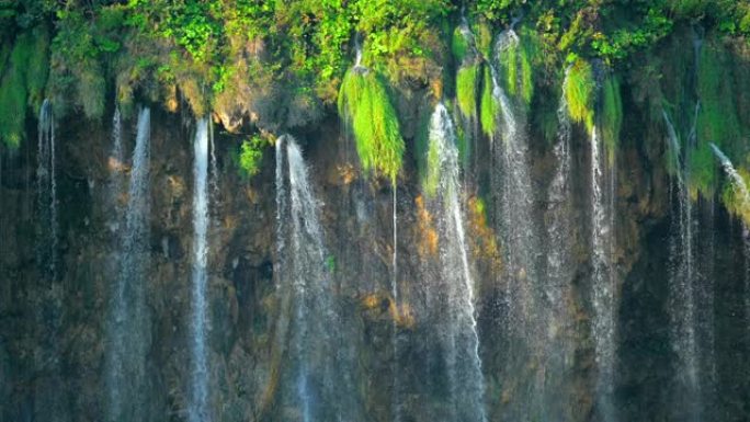 十六湖国家公园绿色森林内的瀑布特写镜头