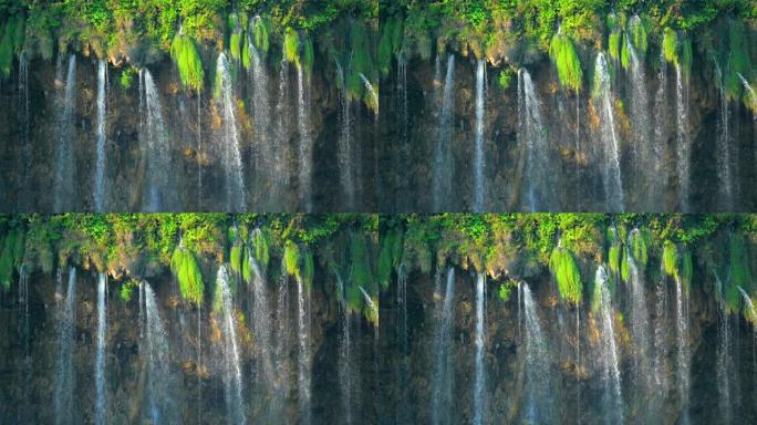 十六湖国家公园绿色森林内的瀑布特写镜头