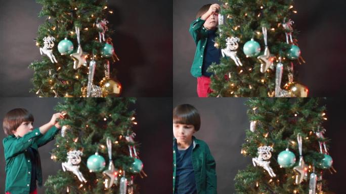 孩子把一个圣诞玩具挂在圣诞树上。