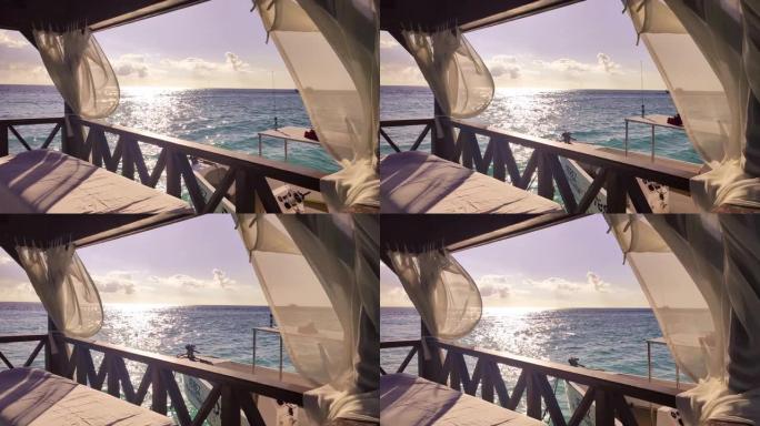 飘扬的窗帘俯瞰加勒比海