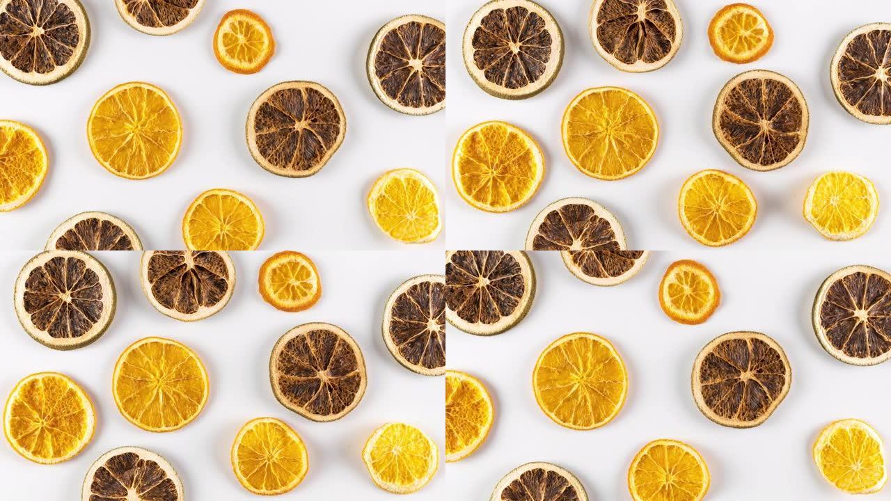带有移动和旋转切片酸橙和柠檬的创意平放停止运动