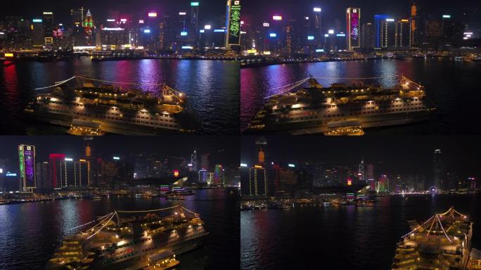 香港空中v28在维多利亚港上空低空飞行，夜间可欣赏市景。