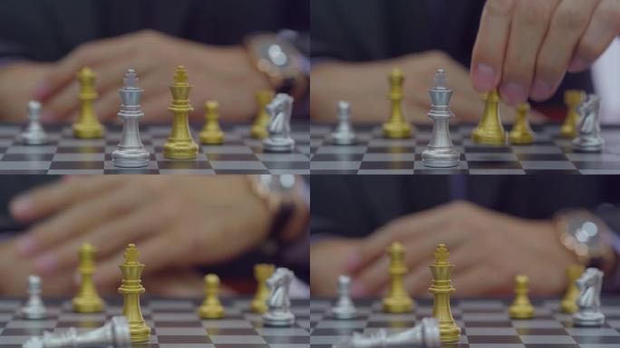 棋牌游戏站在棋盘背景上的商人后面。面向市场目标策略的金融投资理念智力挑战与商业竞争成功发挥。