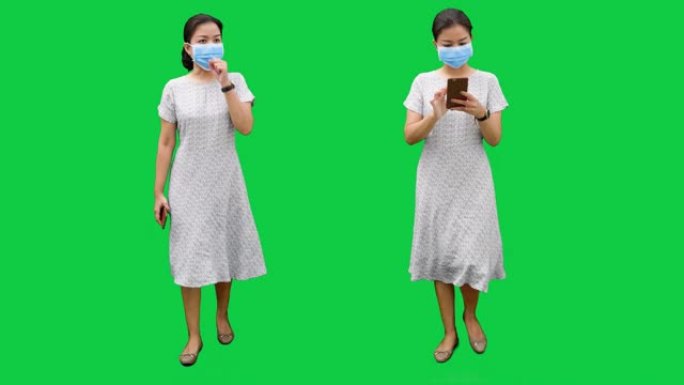 亚洲女性戴着外科口罩行走。阿尔法·香奈儿4k镜头。codeck-PNG阿尔法。
