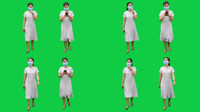 亚洲女性戴着外科口罩行走。阿尔法·香奈儿4k镜头。codeck-PNG阿尔法。