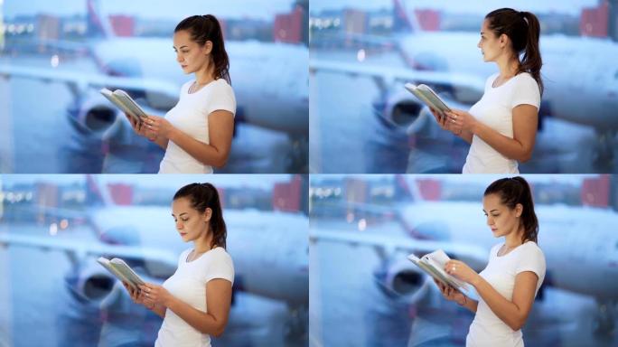 年轻女子在机场窗户附近看书，背景模糊的飞机