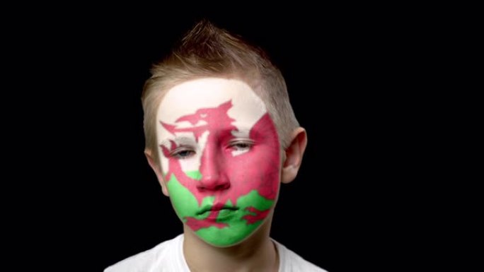 威尔士足球队的伤心球迷。脸上涂着民族色彩的孩子。