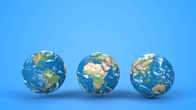 以最小的风格在蓝色背景上跳跃地球仪。跳跃地球行星像球3d渲染动画。