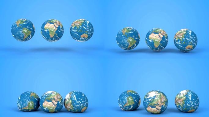 以最小的风格在蓝色背景上跳跃地球仪。跳跃地球行星像球3d渲染动画。