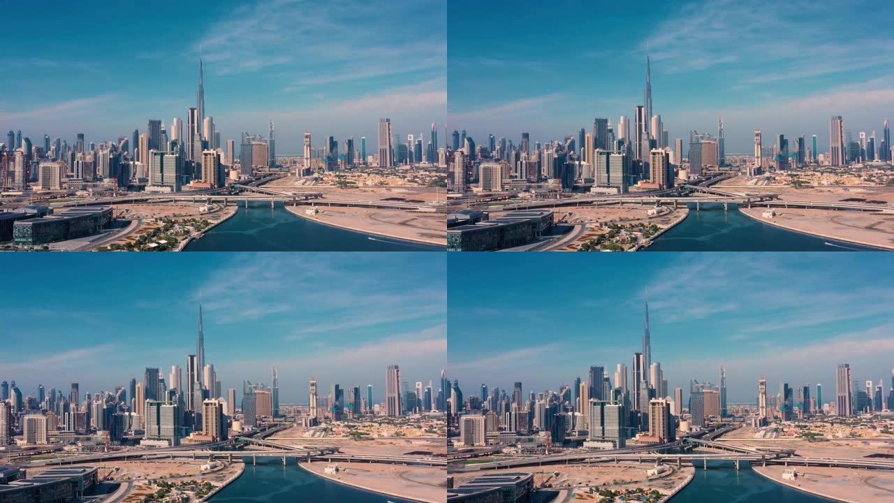 空中。迪拜城市白天的无人机视频。现代城市概念，交通和河流。