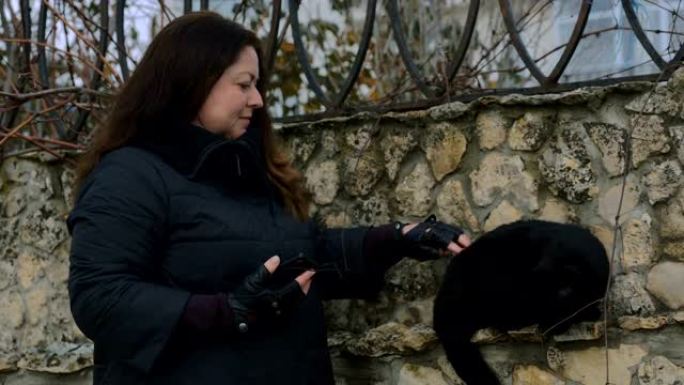 女人抚摸坐在石头栅栏上的黑猫