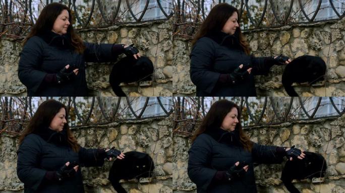 女人抚摸坐在石头栅栏上的黑猫
