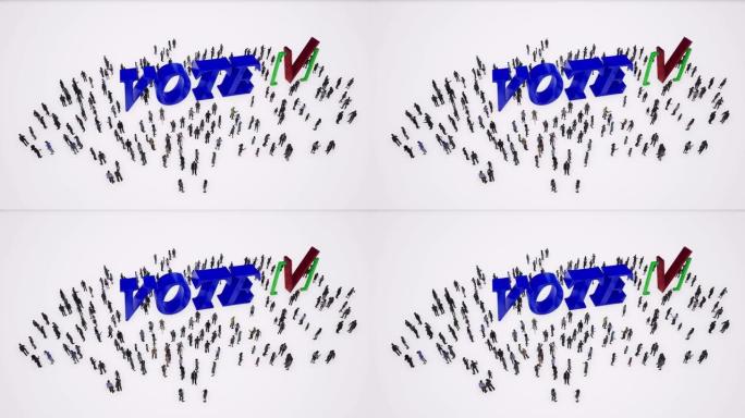 投票的人。蓝色的投票标志。一群人站在白色背景上的投票标志周围。4 k