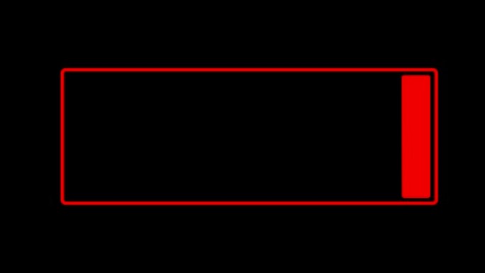 电池充电动画。在黑屏上加载红色和绿色的进度条。4k视频
