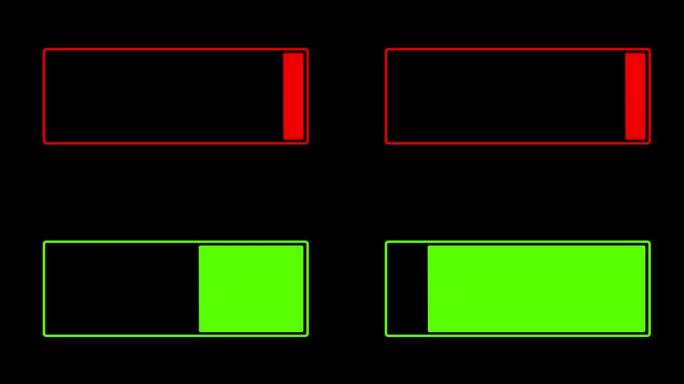 电池充电动画。在黑屏上加载红色和绿色的进度条。4k视频
