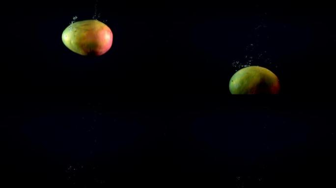 黑色背景下的水中掉落芒果的视频
