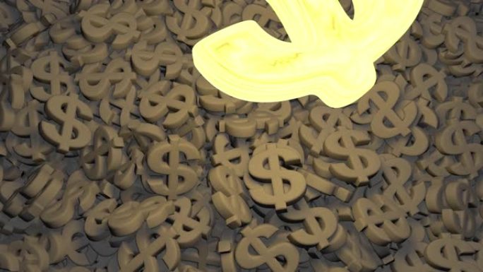 许多灰色硬币和一个明亮的发光美元。金融商业成功概念的动画。