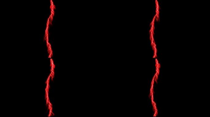 黑色背景上无尽的闪电。电气风暴。循环动画中的红色现实雷电