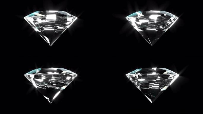 4k美丽闪亮的钻石，黑色背景上闪闪发光。旋转钻石特写。宝石珠宝3D动画视频。