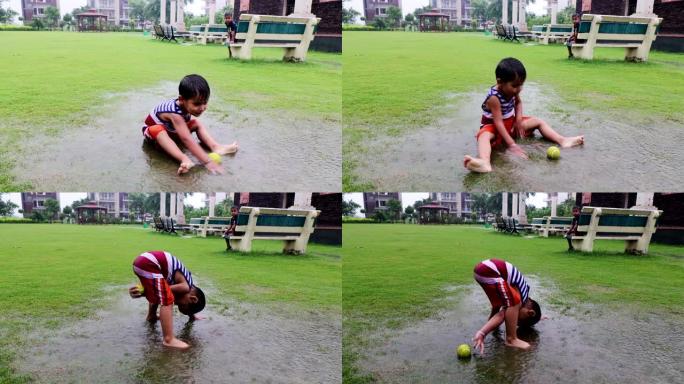 小学时代可爱的小孩在雨季玩泥水