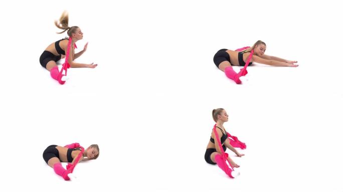 一位年轻的职业女运动员使用弹性绳进行伸展运动的侧视图 (在脚跟伸展位置向前倾斜)。孤立，在白色背景上