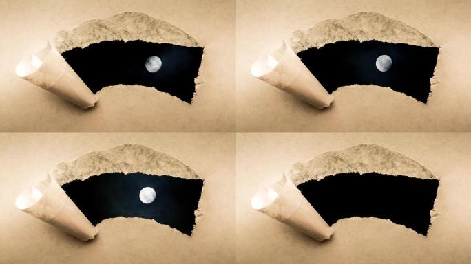 创意4k时间圈视频，在夜空中发光的满月与浮云，可以通过旧的复古垃圾老式纸的边缘撕裂的孔看到。
