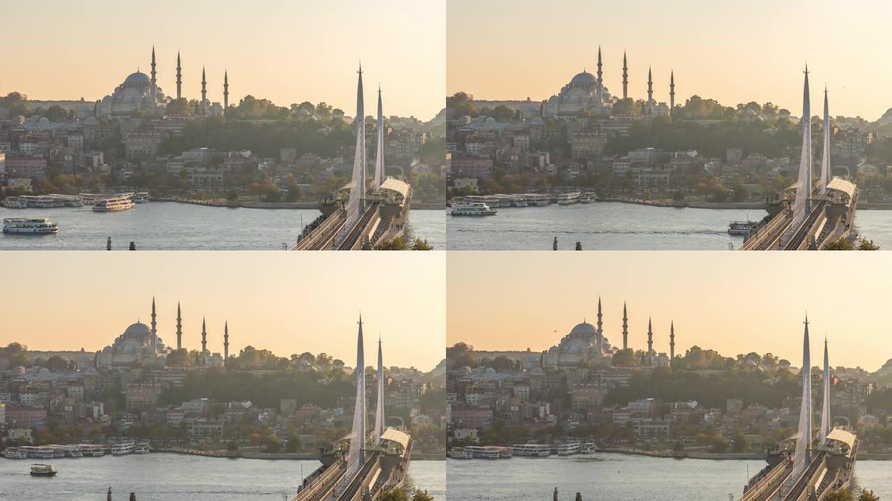 时间流逝: 具有清真寺背景的伊斯坦布尔市的黄金时间