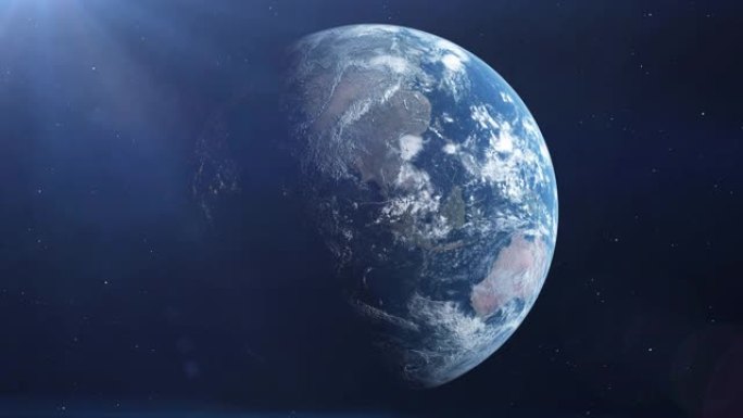 现实的地球自转360度与太阳光透镜耀斑。循环动画。4K