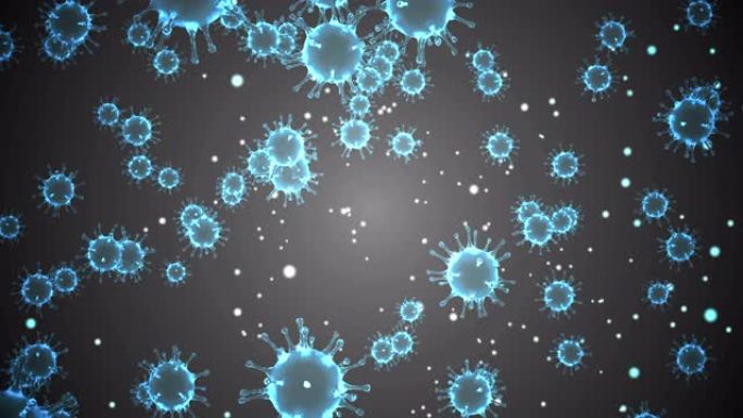 3D渲染动画，蓝色冠状病毒细胞新型冠状病毒肺炎流感在灰色梯度背景上流动，作为危险的流感毒株病例作为大