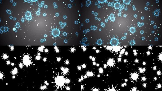 3D渲染动画，蓝色冠状病毒细胞新型冠状病毒肺炎流感在灰色梯度背景上流动，作为危险的流感毒株病例作为大